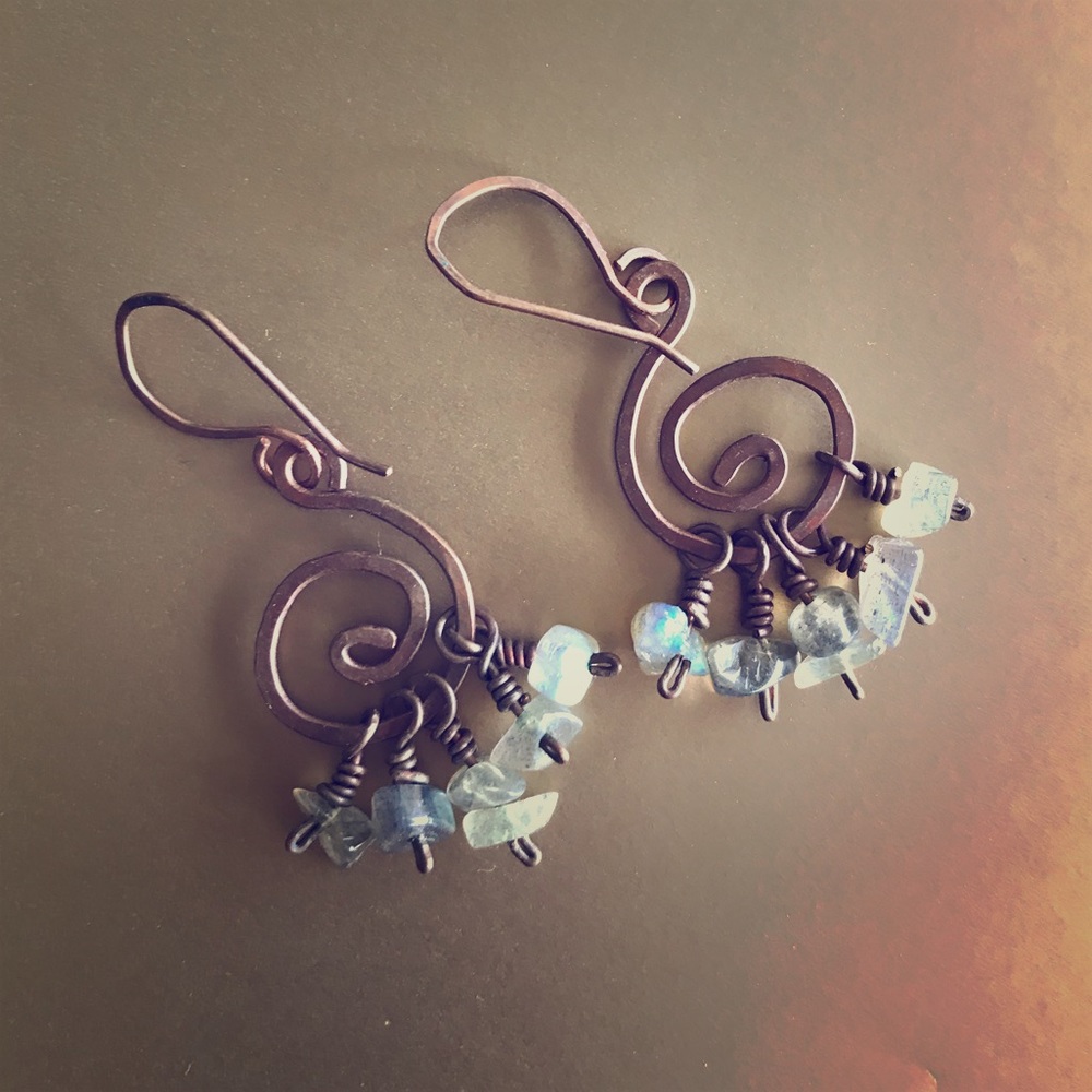 Natural gemstone and copper spiral earrings